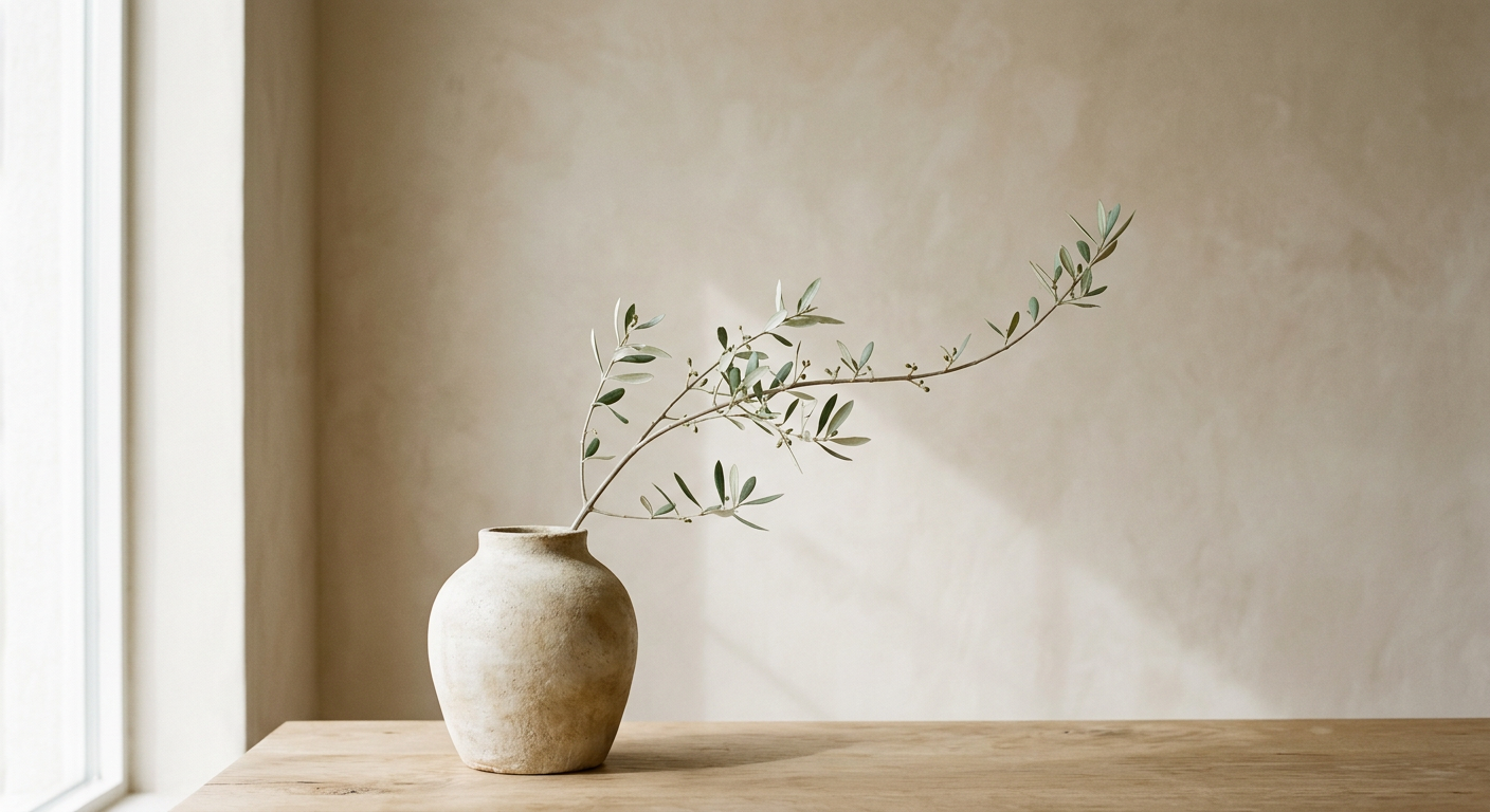 A slender branch in a stone vase