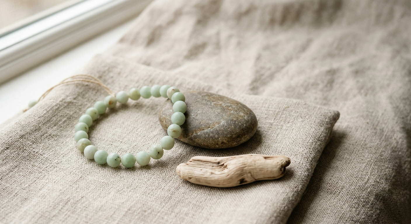 A pale jade bracelet resting on natural linen