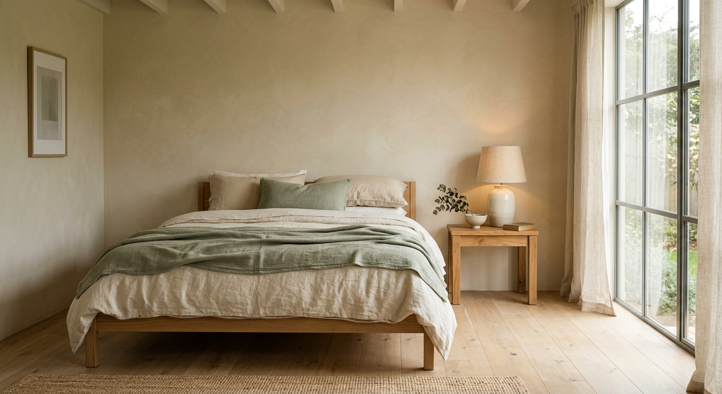 A quiet modern bedroom with linen bedding